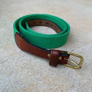 Vintage Preppy Kelly Green Webbing & Brown Leather Belt 30”